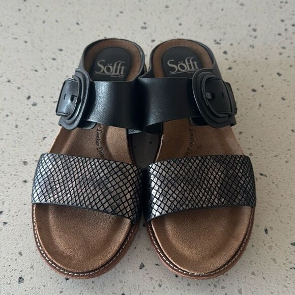 Sofft Braye Women’s Size 6 Black Leather Comfort Sandals Slip On Low Wedge Slide - Picture 1 of 12